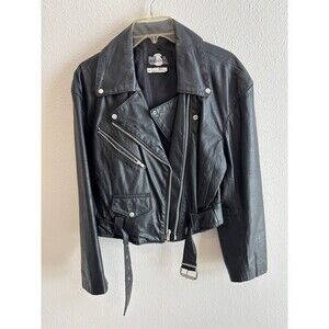 VTG Phoenix USA Leather Motorcycle Jacket Black Cropped Belted Moto 90s M